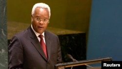 FILE - Edward Lowassa, shown addressing the U.N. General Assembly in 2006, launches his campaign for the ruling party's presidential nomination for Oct. 25, 2015 elections in Tanzania.
