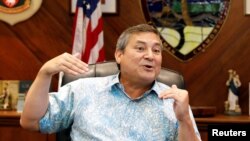 Guam Governor Eddie Calvo speaks during an interview at the government complex on the island of Guam, a U.S. Pacific Territory, Aug. 10, 2017.