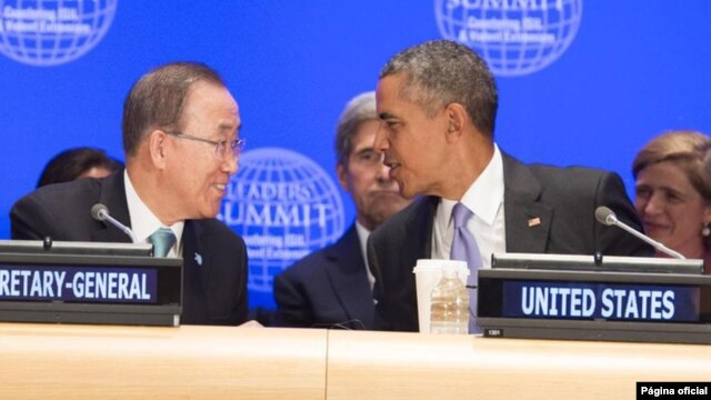 Sec. Gral. de la ONU Ban Ki-moon y presidente Barack Obama en la Cumbre de Líderes sobre Combate al Extremismo.