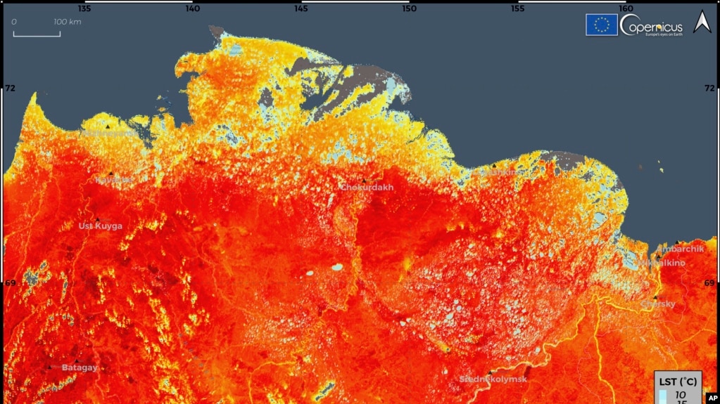 This photo taken on Friday, June 19, 2020 and provided by ECMWF Copernicus Climate Change Service shows the land surface temperature in the Siberia region of Russia. A record-breaking temperature of 38 degrees Celsius was registered in the Arctic town of 