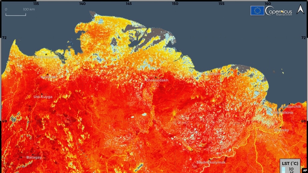 This photo taken on Friday, June 19, 2020 and provided by ECMWF Copernicus Climate Change Service shows the land surface temperature in the Siberia region of Russia. A record-breaking temperature of 38 degrees Celsius was registered in the Arctic town of Verkhoyansk on June 20.