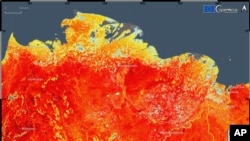 This photo taken on Friday, June 19, 2020 and provided by ECMWF Copernicus Climate Change Service shows the land surface temperature in the Siberia region of Russia. A record-breaking temperature of 38 degrees Celsius was registered in the Arctic town of Verkhoyansk on June 20.
