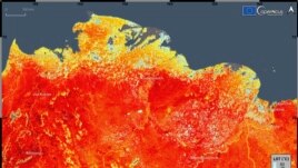 This photo taken on Friday, June 19, 2020 and provided by ECMWF Copernicus Climate Change Service shows the land surface temperature in the Siberia region of Russia. A record-breaking temperature of 38 degrees Celsius was registered in the Arctic town of
