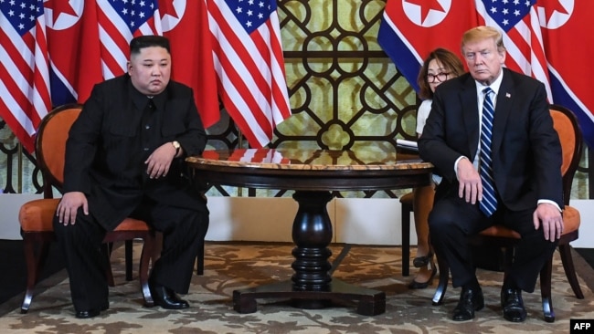 U.S. President Donald Trump and North Korea's leader Kim Jong Un meet during the second U.S.-North Korea summit at the Sofitel Legend Metropole hotel in Hanoi, Feb. 28, 2019.