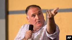 FILE - Chef Jose Andres answers questions during a panel discussion at an event on entrepreneurship at La Cerveceria, in Havana, Cuba, March 21, 2016.