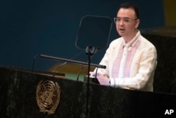 Philippine Foreign Affairs Secretary Alan Peter Cayetano addresses the 73rd session of the U.N. General Assembly, Sept. 29, 2018, at U.N. headquarters.