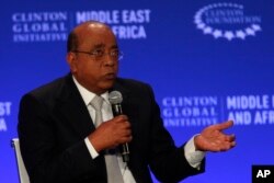 FILE - Mo Ibrahim, Founder and Chairman of the Mo Ibrahim Foundation, speaks at the Clinton Global Initiative Middle East & Africa meeting in Marrakech, Morocco, May 6, 2015.