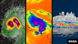 Three images of Hurricane Dorian, as seen by NASA's Earth-observing satellites Aug. 27-29, 2019. The data sent by the spacecraft revealed in-depth views of the storm, including detailed heavy rain, cloud height and wind. (NASA/JPL-Caltech)