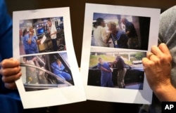 Nurse Alex Wubbels shows video frame grabs of herself being taken into custody during an interview, Sept. 1, 2017, in Salt Lake City.