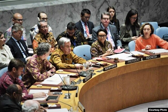Sekjen PBB Antonio Guterres berbicara dalam Sidang DK PBB yang dipimpin oleh Menlu Retno Marsudi, Selasa 7/5 (Foto: Courtesy).