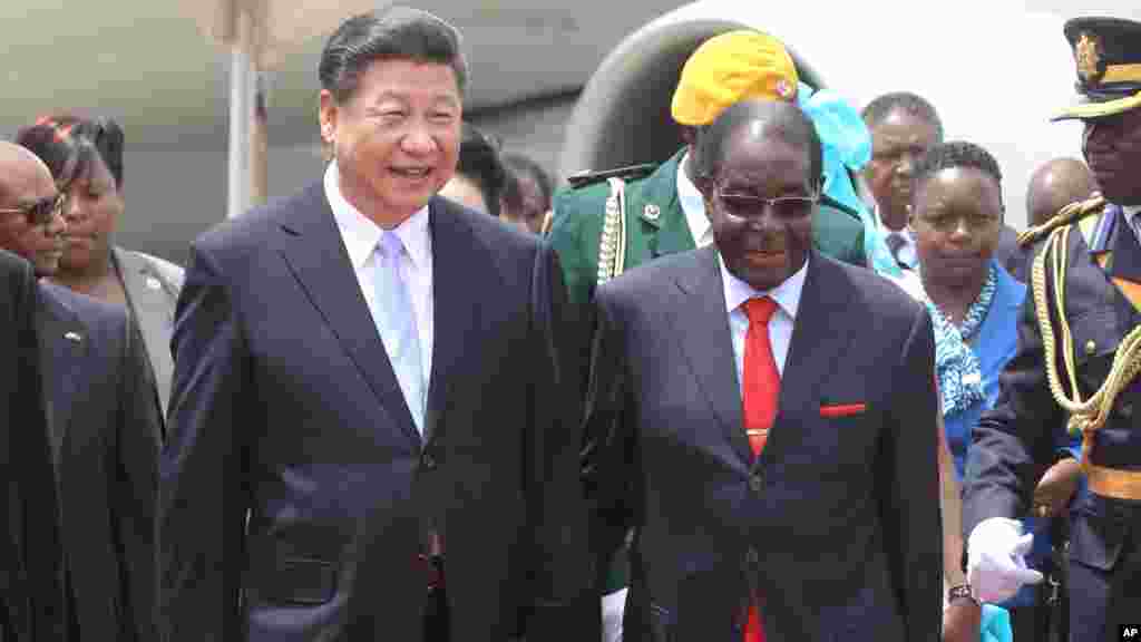 Chinese President Xi Jinping, right, and Zimbabwean President Robert Mugabe hold hands upon his arrival in Harare, Zimbabwe, Tuesday, Dec. 1. 2015. Jinping is in Zimbabwe for a two day State visit during which he is set to sign some bilateral agreements aimed at strengthening relationships between the two countries.