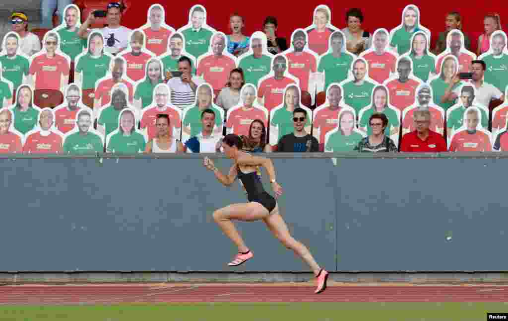 Switzerland's Lea Sprunger runs during the 300m hurdles at the Inspiration Games in Letzigrund Stadium, Zurich, July 9, 2020.