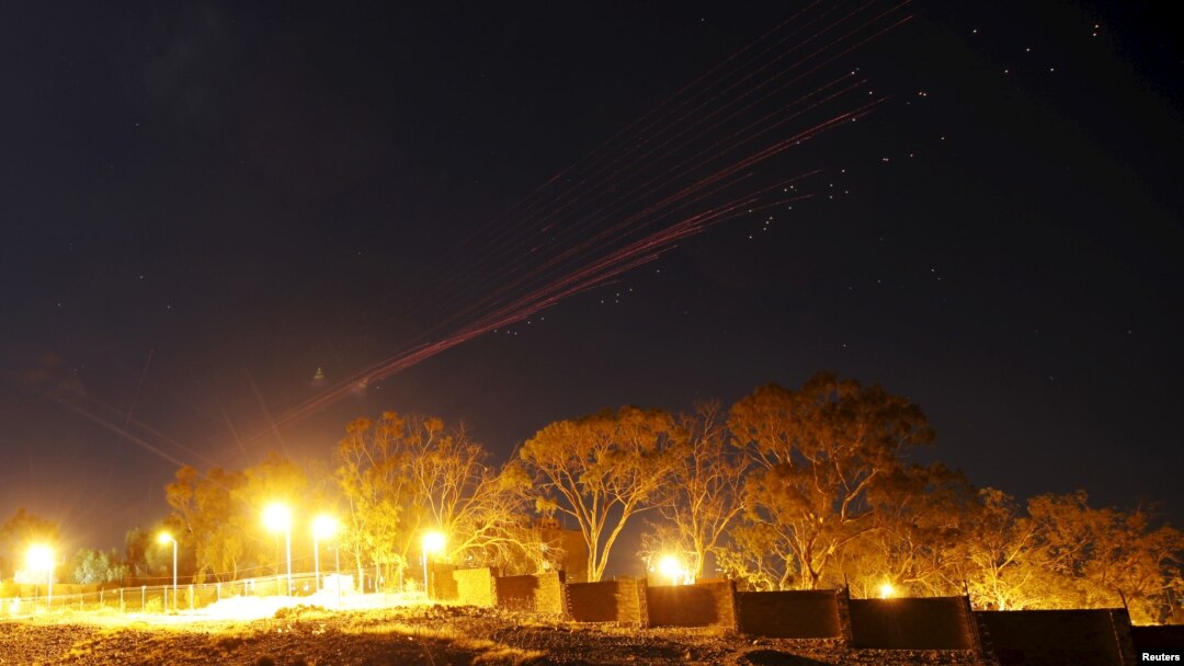 The sky over Sana'a is illuminated by anti-aircraft fire during a Saudi-led airstrike in Yemen's capital, Sana'a, Sept. 26, 2015. 