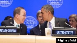 Sec. Gral. de la ONU Ban Ki-moon y presidente Barack Obama en la Cumbre de Líderes sobre Combate al Extremismo.