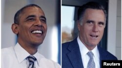 A combination photo shows U.S. President Barack Obama during a visit to a campaign field office in Chicago, and Republican presidential nominee Mitt Romney walking out of the polling station after voting in Belmont, Massachusetts, on election day, November 6, 2012. 