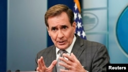 FILE - U.S. White House spokesman John Kirby speaks during a press briefing at the White House in Washington, U.S., Oct. 26, 2023.