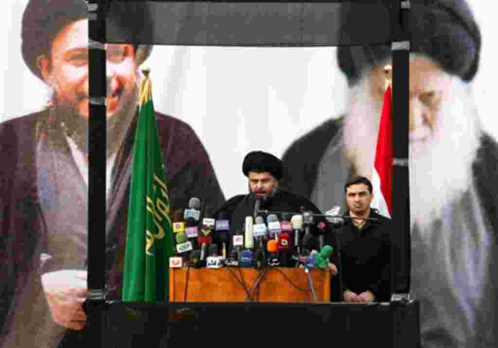 Shiite cleric Muqtada al-Sadr speaks during his first public appearance since returning from nearly four years of self-imposed exile in Najaf, south of Baghdad, Iraq, Saturday, Jan. 8, 2011. The powerful cleric whose fearsome militia once battled American