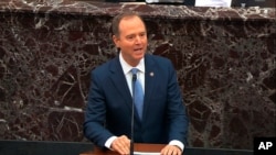 In this image from video, impeachment manager Rep. Adam Schiff, D-Calif., speaks in favor of an amendment offered by Senate Minority Leader Chuck Schumer, D-N.Y., during the impeachment trial against President Trump in the Senate, Jan. 21, 2020.