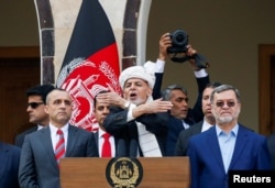 Afghanistan's President Ashraf Ghani speaks during his inauguration for a second term in office, in Kabul, Afghanistan, March 9, 2020.
