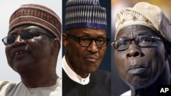 Ibrahim Badamasi Babangida (Hagu) Shugaba Muhammadu Buhari (Tsakiya) Olusegun Obasanjo (Dama)