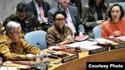 Sekjen PBB Antonio Guterres berbicara dalam Sidang DK PBB di New York yang dipimpin oleh Menlu RO Retno Marsudi 7 Mei 2019 lalu (Foto: dok).