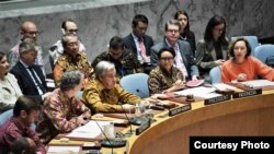 Sekjen PBB Antonio Guterres berbicara dalam Sidang DK PBB yang dipimpin oleh Menlu Retno Marsudi, Selasa 7/5 (Foto: Courtesy).