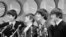 Ilustrasi - The Beatles dalam konferensi pers di Bandara Kennedy, New York City, 7 Februari 1964, setibanya dari London untuk tur Amerika pertama mereka. Dari kiri: Paul McCartney, Ringo Starr, George Harrison, John Lennon. (Foto AP)