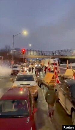 A view shows a trucker protest at Ambassador bridge, in solidarity with the "Freedom Convoy" protests