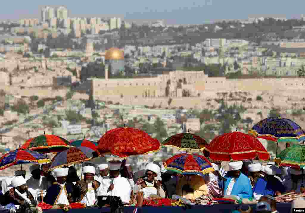 Religious leaders of the Israeli Ethiopian community take part in a ceremony marking the Ethiopian Jewish holiday of Sigd in Jerusalem.