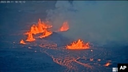 FILE - In this screen grab from webcam video provided by the U.S. Geological Survey, Kilauea, one of the most active volcanoes in the world, continues to erupt in Hawaii, Monday, Sept. 11, 2023. (U.S. Geological Survey via AP, File)