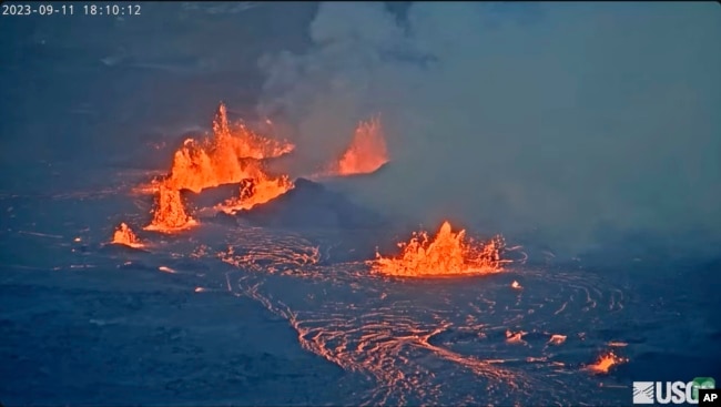 FILE - In this screen grab from webcam video provided by the U.S. Geological Survey, Kilauea, one of the most active volcanoes in the world, continues to erupt in Hawaii, Monday, Sept. 11, 2023. (U.S. Geological Survey via AP, File)