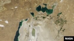 This picture from 2015 shows how the Aral Sea in Central Asia has shrunken in size dramatically as demand for water grows. (Credit: NASA Earth Observatory)