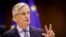 FILE - Head of the Task Force for Relations with the UK, Michel Barnier delivers a speech during the debate on EU-UK trade and cooperation agreement at the European Parliament in Brussels, Apr. 12, 2021. (Oliver Hoslet/pool/AFP)