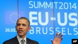 Tổng thống Obama phát biểu trước báo giới tại tòa nhà Hội đồng châu Âu, Brussels, 26/4/2014.