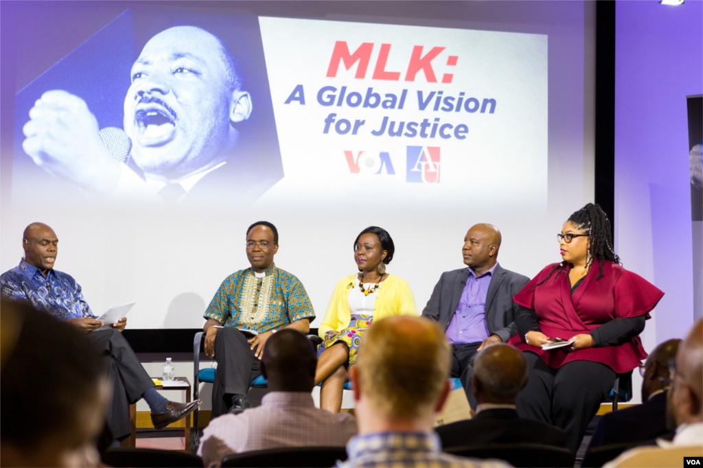 (From L to R) Host Shaka Ssali, Reverend Aniedi Okure, Faustine Wabwire, Professor Robert Vinson and Dr. Sherri Williams.