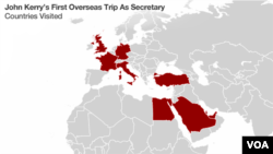 Countries visited on John Kerry's first trip overseas as Secretary of State, February 24 to March 6, 2013