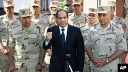 中东通讯社提供的照片显示埃及总统塞西在西奈半岛袭击事件死难军人葬礼前发表电视谈话（2014年10月25日）