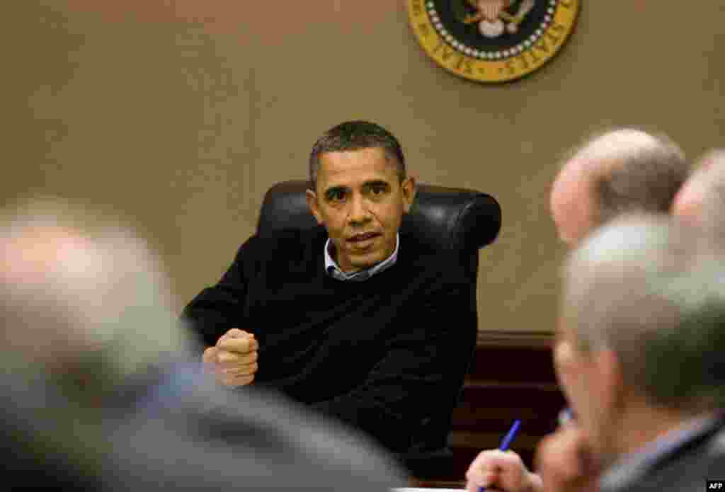 President Barack Obama is briefed on the events in Egypt during a meeting with his national security team in the Situation Room of the White House. (Official White House Photo by Pete Souza)