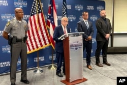 Ohio Gov. Mike DeWine speaks in Springfield, Sept. 16, 2024. DeWine said that since "garbage" claims were made that immigrants were stealing and eating people's pets, the city has had to investigate 33 bomb threats at schools.