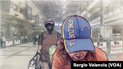 Ilustración de una pareja de venezolanos que retornan a su país tras años de haber emigrado. VOA/Sergio Valencia