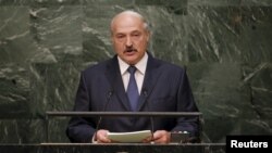 FILE - Belarus President Alexander Lukashenko addresses a plenary meeting of the U.N. Sustainable Development Summit in New York, Sept. 27, 2015. 