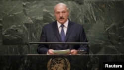 Belarus' President Alexander Lukashenko addresses a plenary meeting of the United Nations Sustainable Development Summit 2015 at the United Nations headquarters in Manhattan, New York, Sept. 27, 2015. 