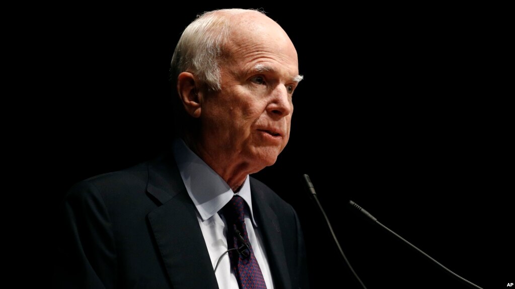 Sen. John McCain, R-Ariz., delivers remarks at the U.S. Naval Academy in Annapolis, Maryland, Oct. 30, 2017.