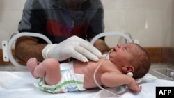 A baby was reportedly delivered by Cesarean section after his pregnant mother was killed in an overnight Israeli strike on Nuseirat in the central Gaza Strip. He is caressed by his grandfather as he lies in an incubator at the Al-Awda Hospital in Deir el-Balah on July 20, 2024.