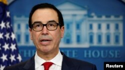 Bộ trưởng Tài chánh Steve Mnuchin loan báo các biện pháp chế tài để gia tăng áp lực lên Triều Tiên trong cuộc họp báo tại Tòa Bạch Ốc ngày 29/6/2017.