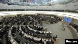 FILE - Overview of the U.N. Human Rights Council during the emergency debate on human rights and humanitarian situation in Syria, at the United Nations in Geneva, February 28, 2012. 