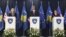 Kosovo's PM Hashim Thaci (C) U.S. Secretary of State Hillary Clinton (L) and High Representative for EU Foreign Policy Catherine Ashton (R) attend a joint news conference in Pristina, October 31, 2012. 