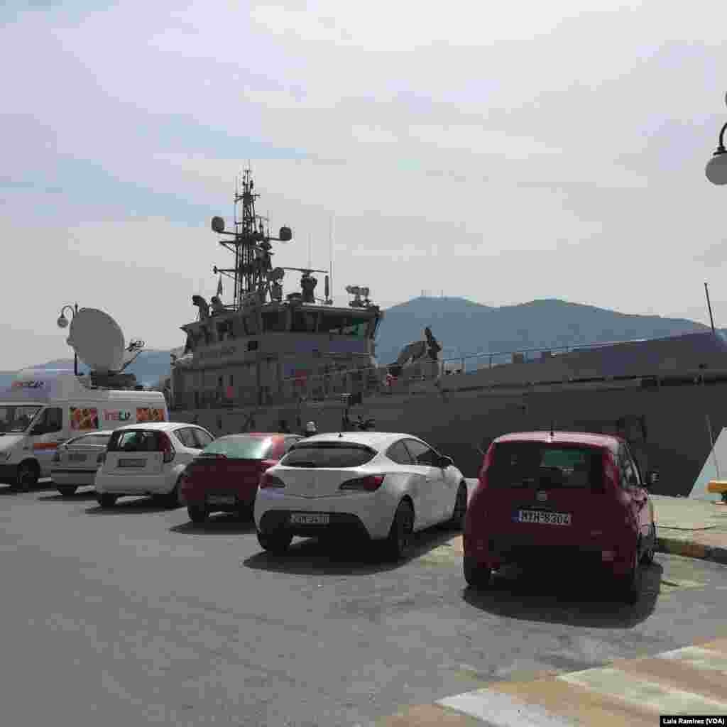 European Union nations have sent resources to Lesbos to help Greece deport migrants in accordance with the EU-Turkey agreement, April 3, 2016. A British Border Force cutter stands ready to assist in Mytilini harbor.