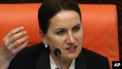 FILE - Then-Deputy Parliament Speaker Meral Aksener addresses lawmakers in Ankara, Turkey, May 5, 2014.