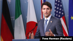 The Prime Minister of Canada, Justin Trudeau, offers a press conference at the end of the summit of the Group of Seven in La Malbaie, Quebec. June 9, 2018. 